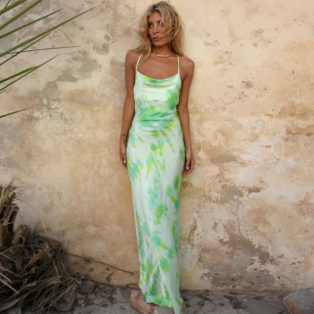 Rat & Boa Green and White Tie-Dye Slip Maxi Dress